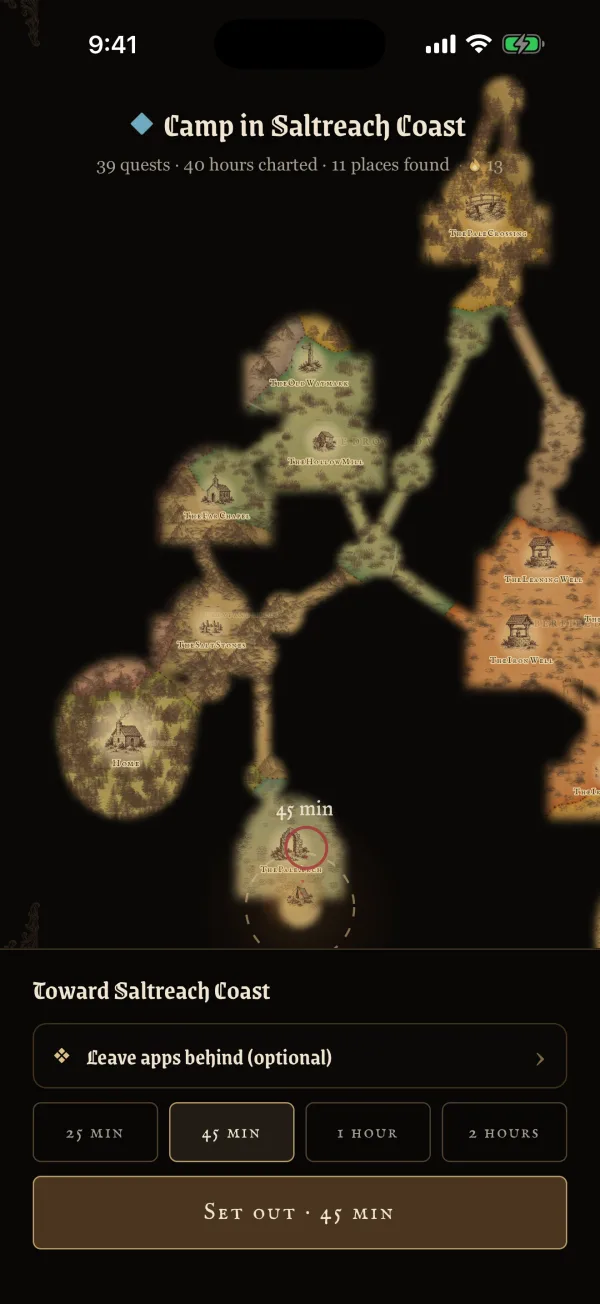 The map after 39 quests: legs inked across the lands, with places found along the way