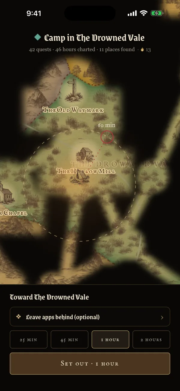 The Farstep map: a camp in The Drowned Vale, a destination chosen and a one-hour quest ready to set out
