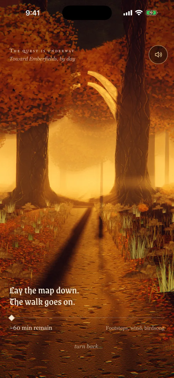 The walk during a quest: an autumn wood in Emberfields, by day