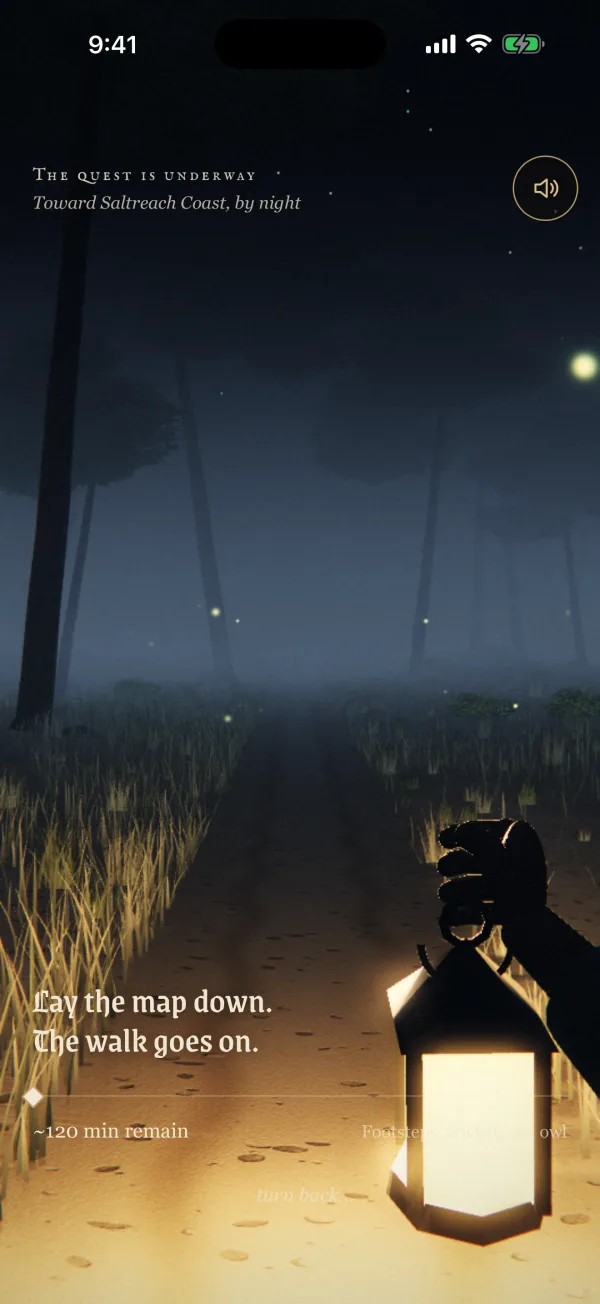 The walk by night toward Saltreach Coast, with a lantern and fireflies
